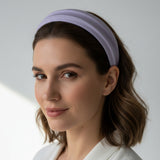 Light purple matte headband worn with a soft bob, smooth satin finish