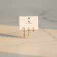 Gold lightning earrings on a Jewelry card against a neutral background