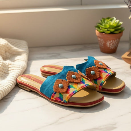 Colorful handmade slippers with floral designs on a light surface with a plant in the background