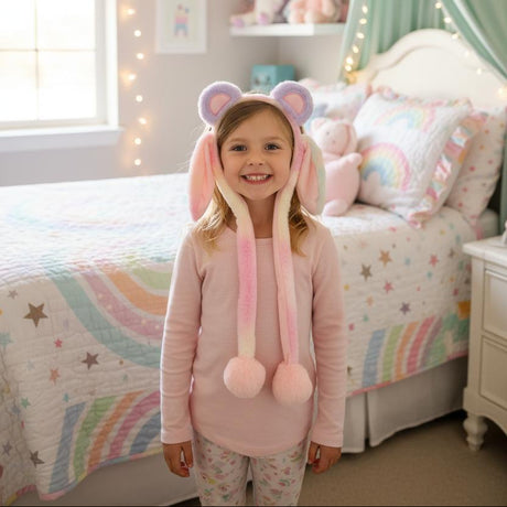 Lilac and cream animal ear headband with pastel ombre hanging ears and pink pom poms