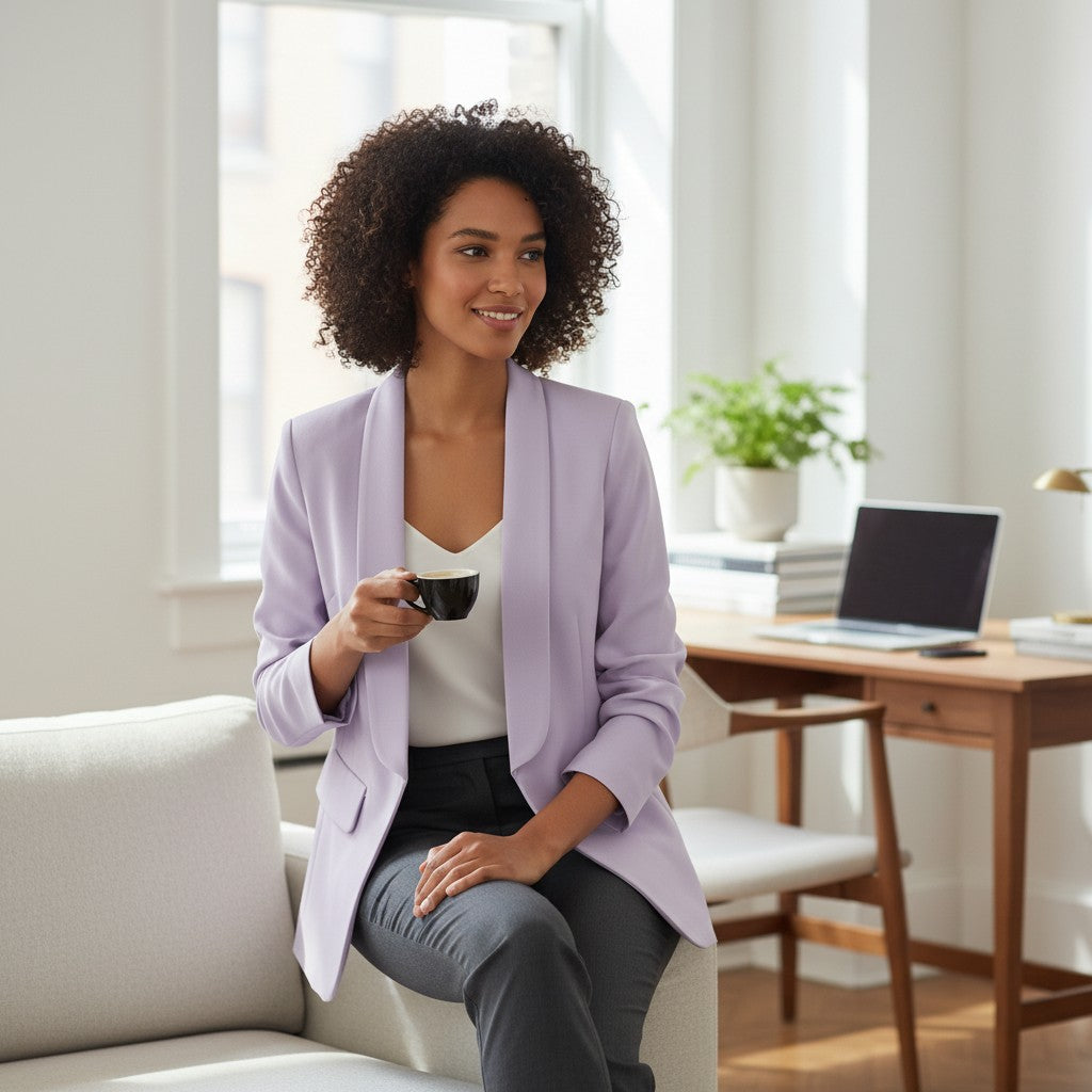 Woman wearing a light purple blazer sitting on a couch holding a coffee cup in a bright room