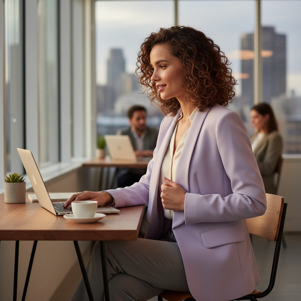 Woman wearing a lilac blazer working on a laptop in an office setting with cityscape view