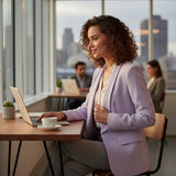 Woman wearing a lilac blazer working on a laptop in an office setting with cityscape view