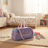 Lilac butterfly print kids duffle bag with pink and blue webbing handles and shoulder strap