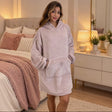 Soft lilac grey hooded blanket with long sleeves and a wide front pocket