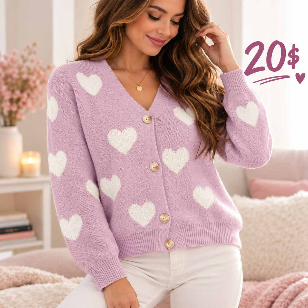 Woman in a lilac V neck cardigan with white hearts and large buttons, worn with white jeans in a cosy room