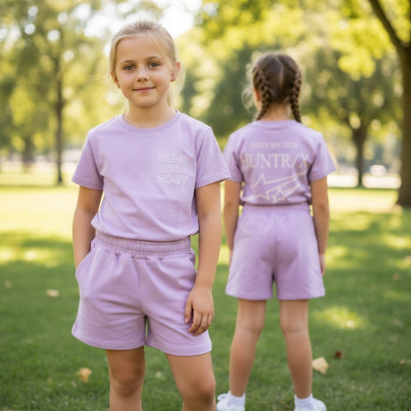 Girls lilac shorts set with a printed tee and matching shorts