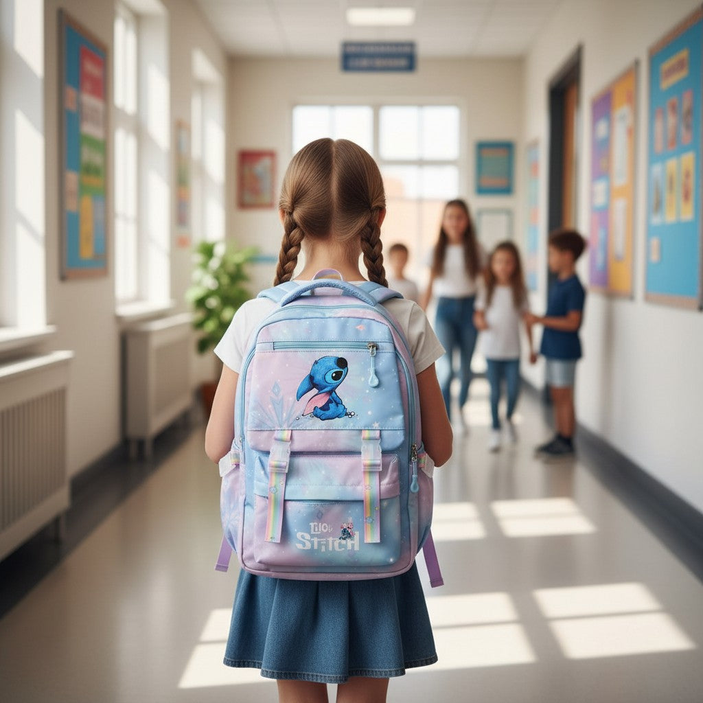 Girl wearing a pastel lilac Stitch school backpack, Jack Gifts Online Lebanon