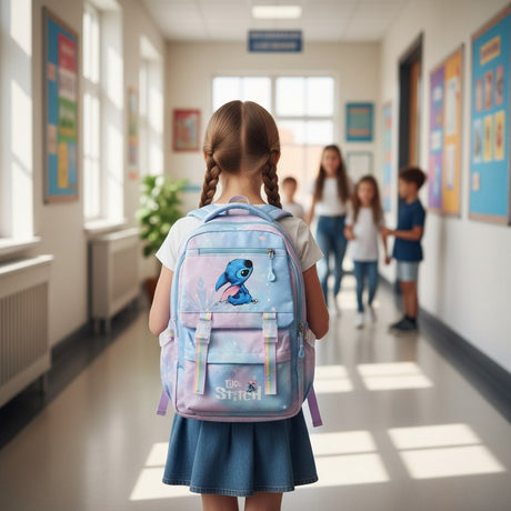 Girl wearing a pastel lilac Stitch school backpack, Jack Gifts Online Lebanon