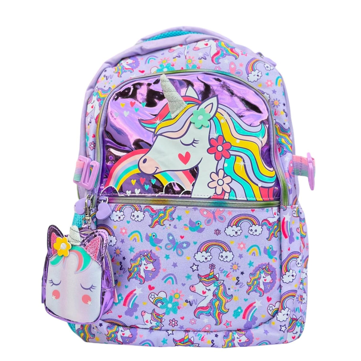Metallic purple front pocket with glitter horn unicorn and rainbow