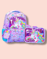 Purple unicorn school backpack with matching lunch bag and pouch for girls
