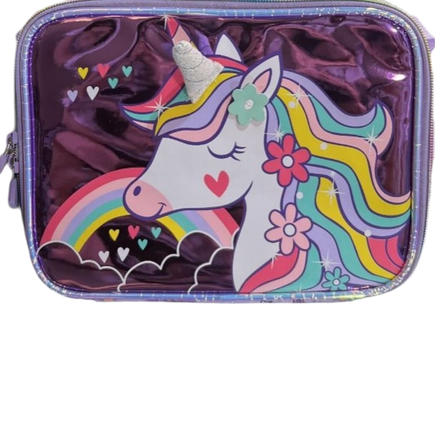 Metallic purple unicorn lunch bag with rainbow and heart print