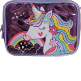 Metallic purple unicorn lunch bag with rainbow and heart print
