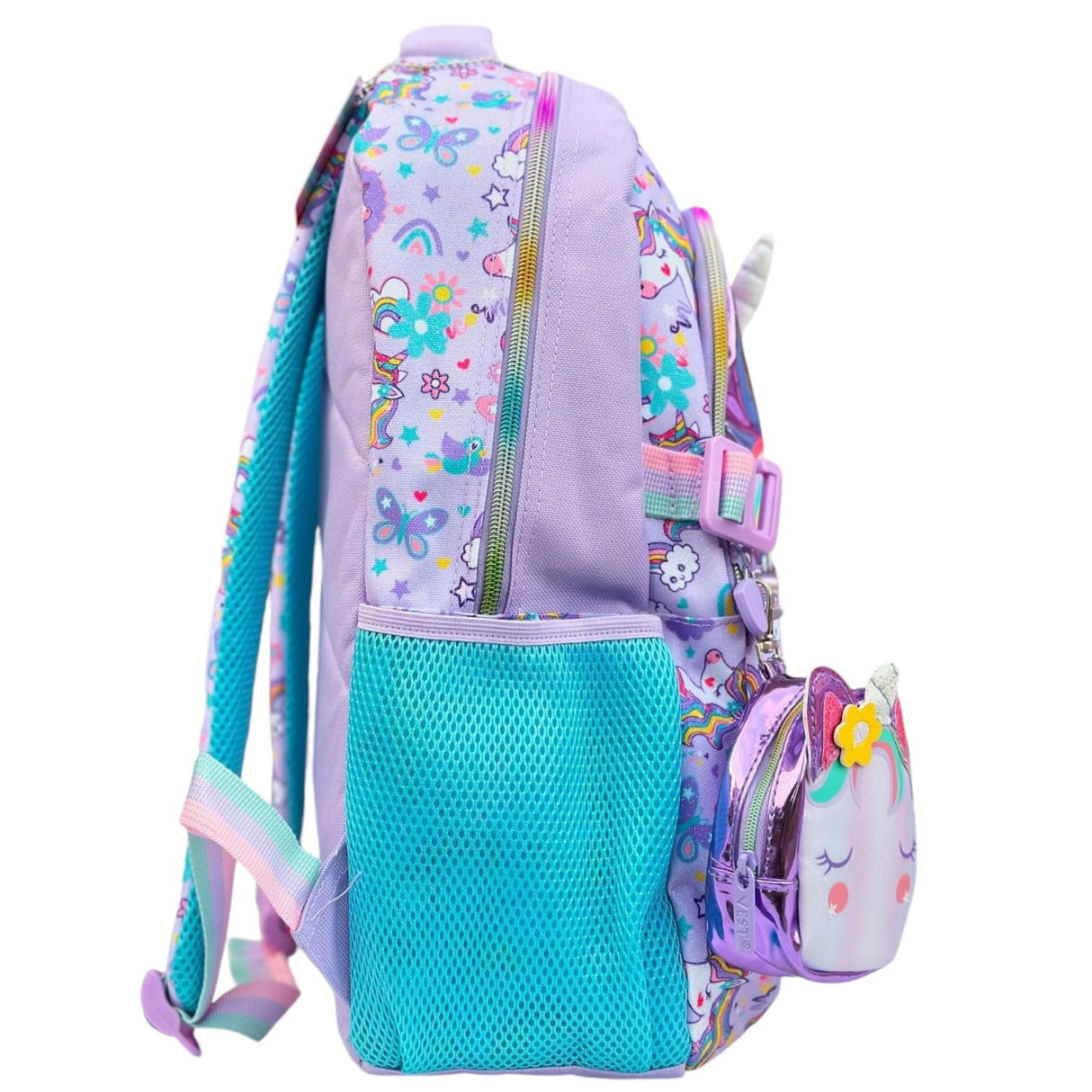 Side view of the lilac unicorn backpack with mesh bottle pocket