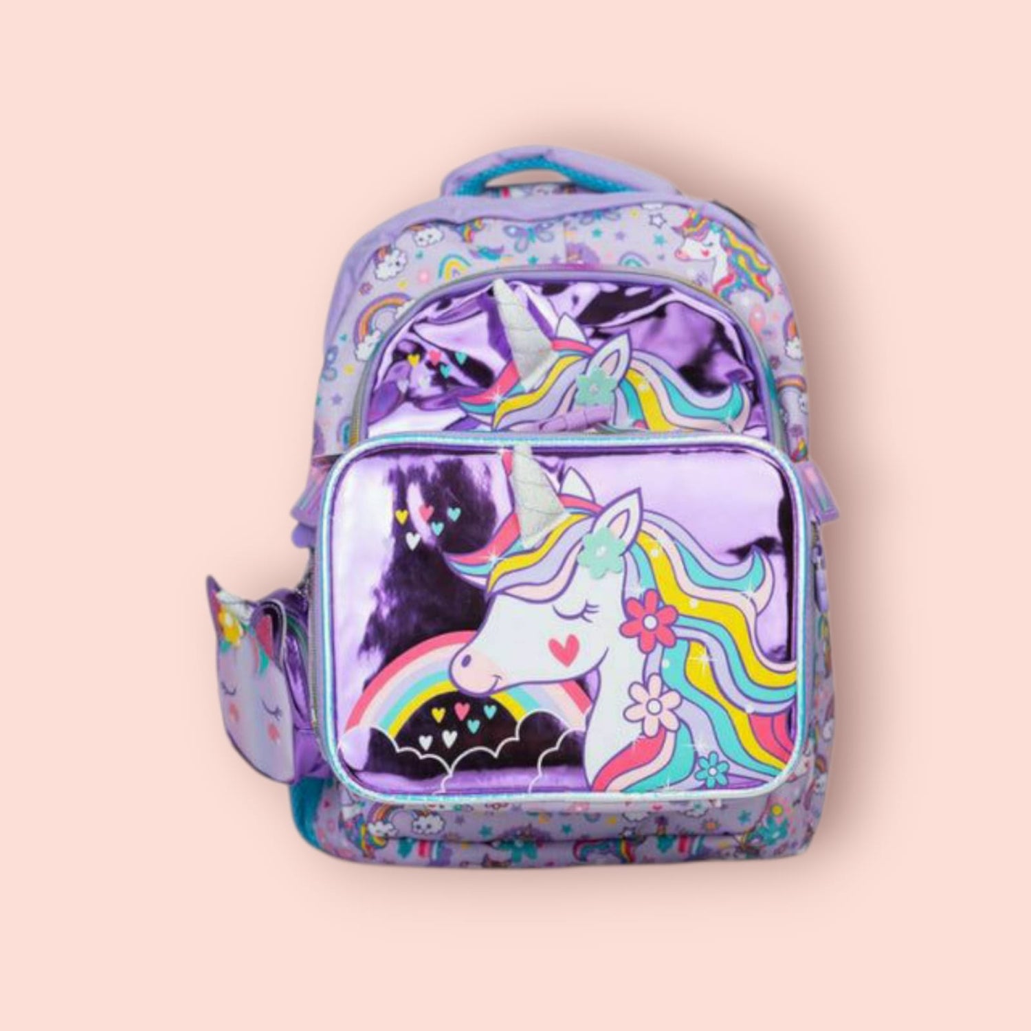 Top of the lilac unicorn backpack with metallic front pocket and rainbow print
