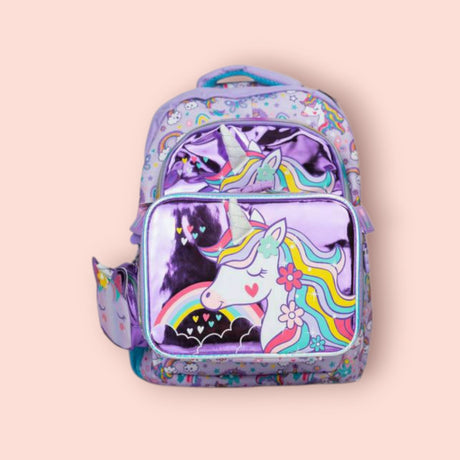 Top of the lilac unicorn backpack with metallic front pocket and rainbow print