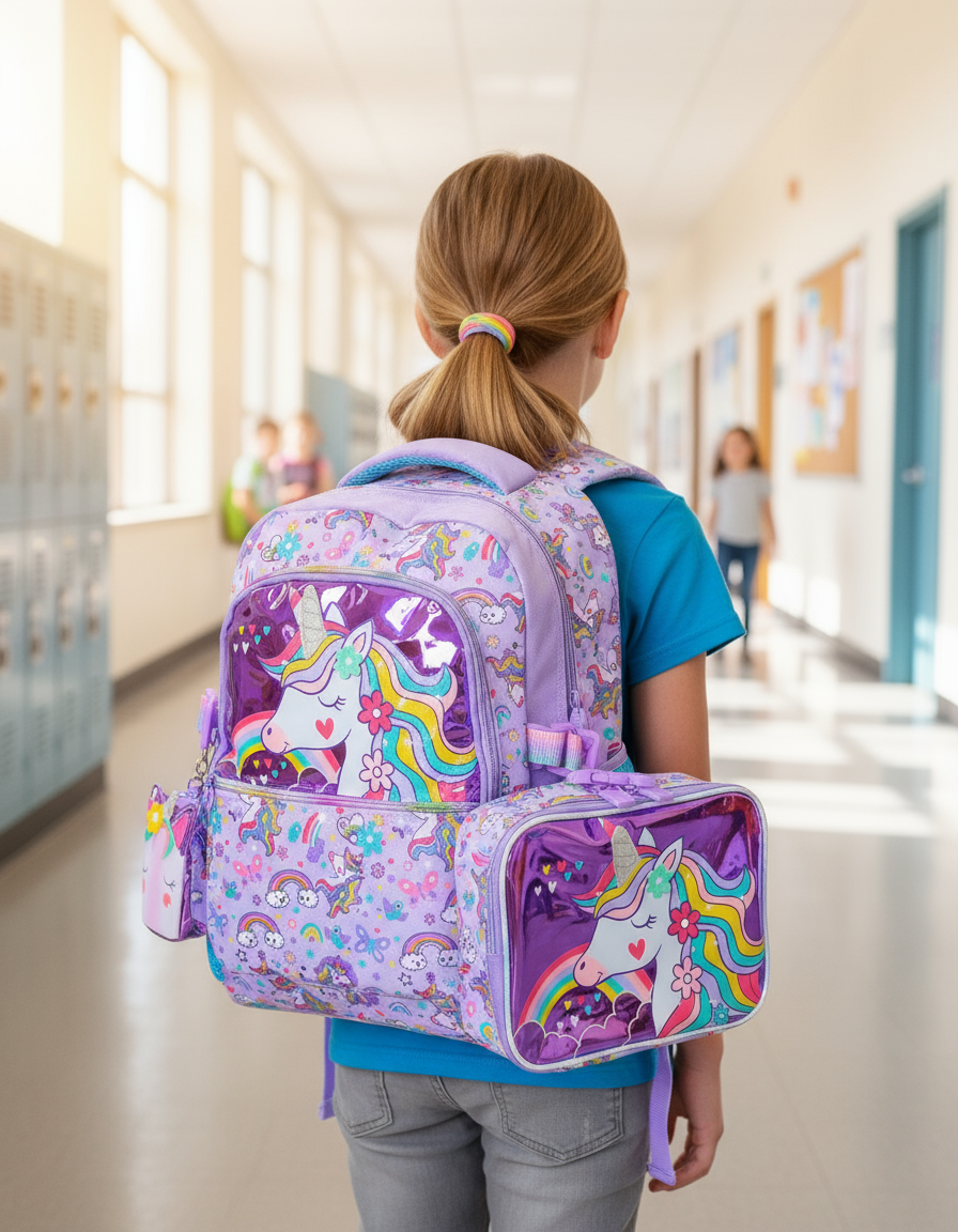 Lilac unicorn backpack set with lunch bag and mini coin pouch
