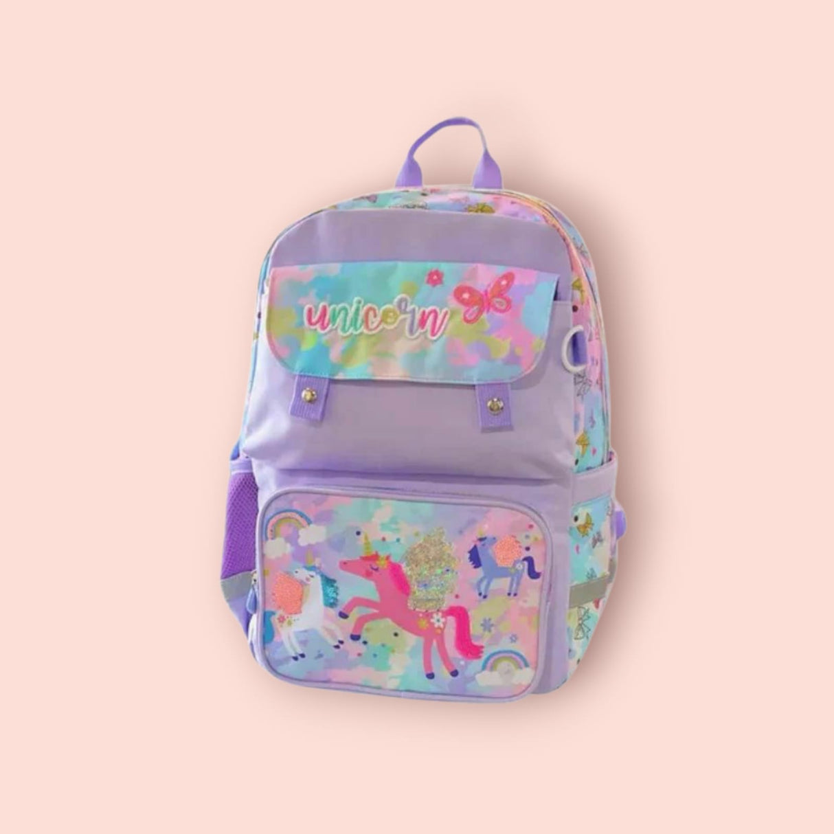 Prancing unicorns and rainbows on the front pocket of a pastel purple school bag