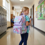 Girls lilac unicorn backpack with pastel flap and sequin pony pocket