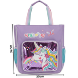 Lilac unicorn kids tote bag with mesh side pockets and a zip front pocket