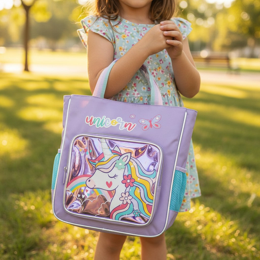 Girl holding a lilac kids tote bag with a holographic unicorn front pocket, Jack Gifts Online Lebanon
