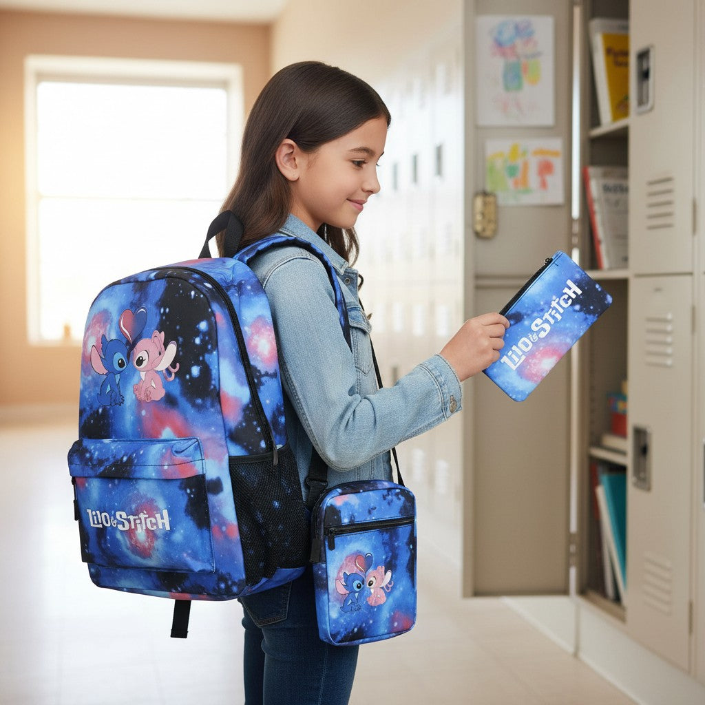 Girl with a Lilo and Stitch galaxy backpack set and pencil case, Jack Gifts Online Lebanon
