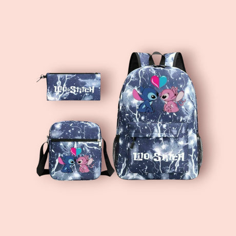 Backpack and pouch with 'Lilo & Stitch' design on a pink background