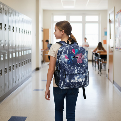 Girl with a backpack featuring Lilo & Stitch cartoon characters in a school hallway