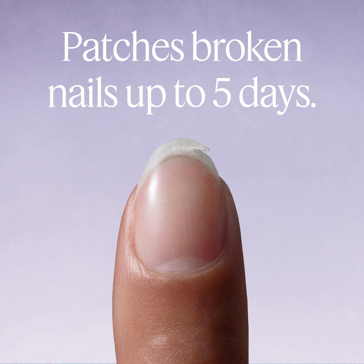Finger with a patch on the nail, against a light purple background with text about patch effectiveness