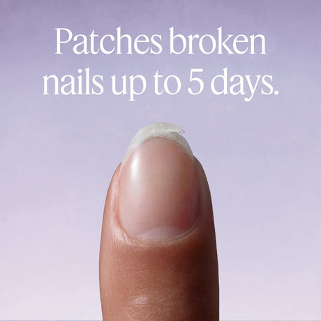 Finger with a patch on the nail, against a light purple background with text about patch effectiveness
