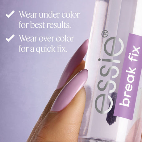 Essie nail polish bottle with text on a light purple background