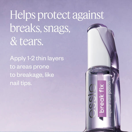 Essie break fix nail patch bottle with text on a light purple background