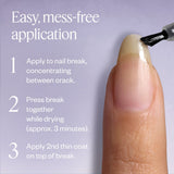 Nail repair process with a tool and text instructions on a purple background