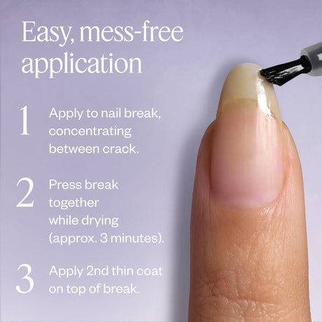 Nail repair process with a tool and text instructions on a purple background