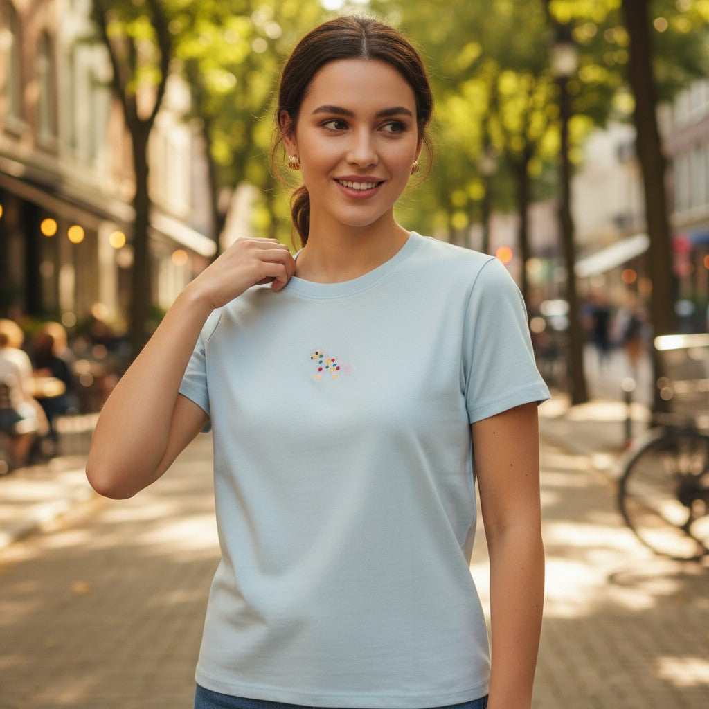 Blue little llama embroidered women's t-shirt