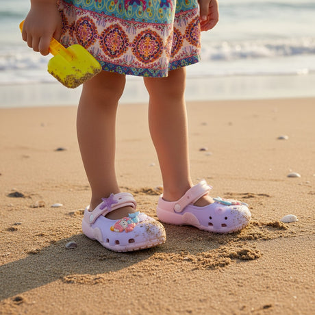 Pink and lilac clog sandals with charm details worn on sand