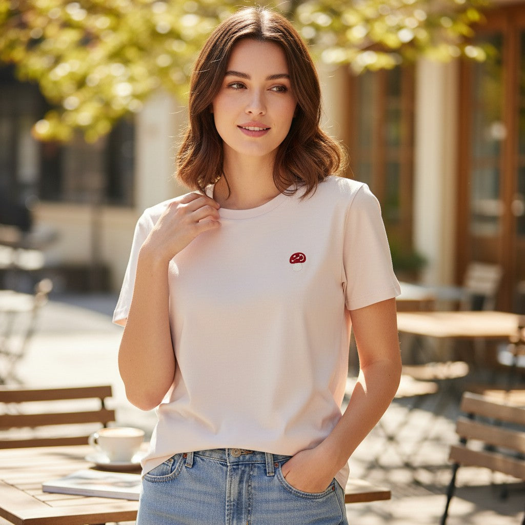 Pink little mushroom embroidered women's t-shirt