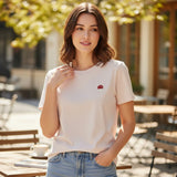 Pink little mushroom embroidered women's t-shirt