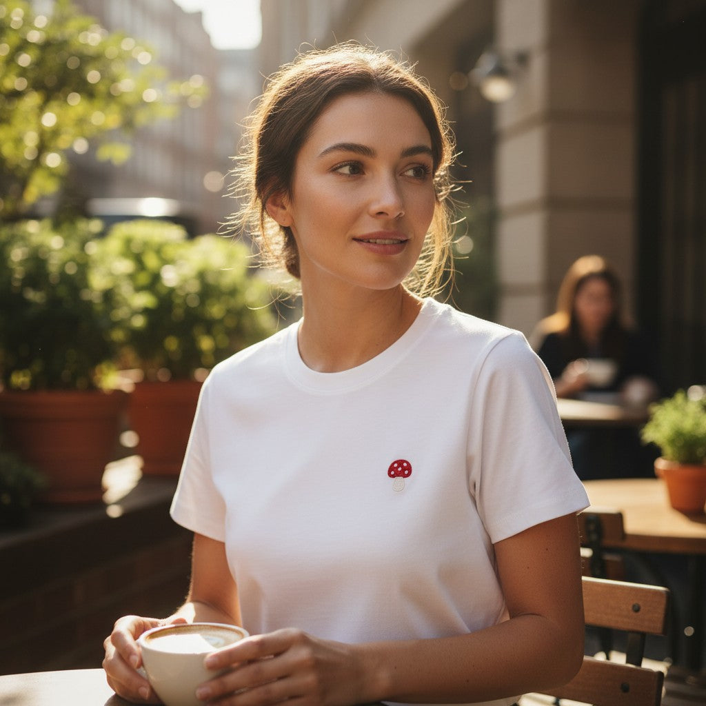 White little mushroom embroidered women's t-shirt