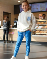 Cream oversized hoodie with butterfly slogan print worn with joggers