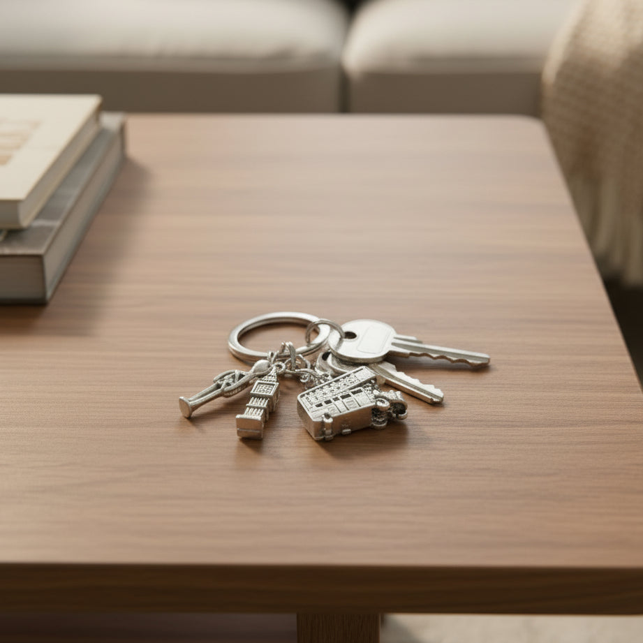 London keychain with Big Ben, red bus, and Royal Guard charms on a table