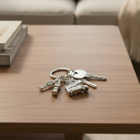 London keychain with Big Ben, red bus, and Royal Guard charms on a table