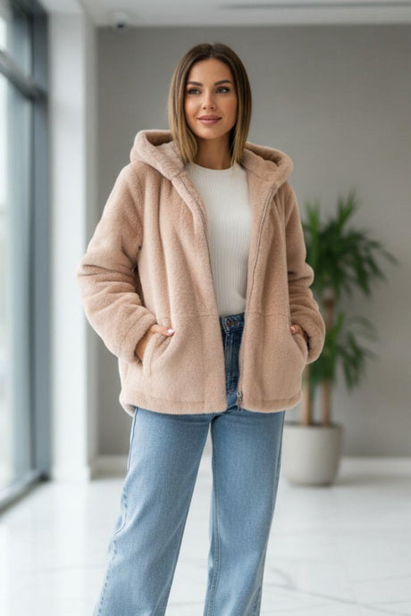 Long beige faux fur hooded jacket worn open over a casual outfit, Jack Gifts Online Lebanon