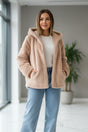Long beige faux fur hooded jacket worn open over a casual outfit, Jack Gifts Online Lebanon