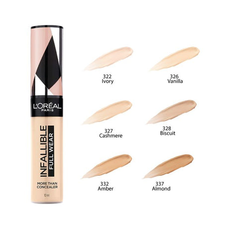 Infallible concealer shade chart with six swatches from Ivory to Almond