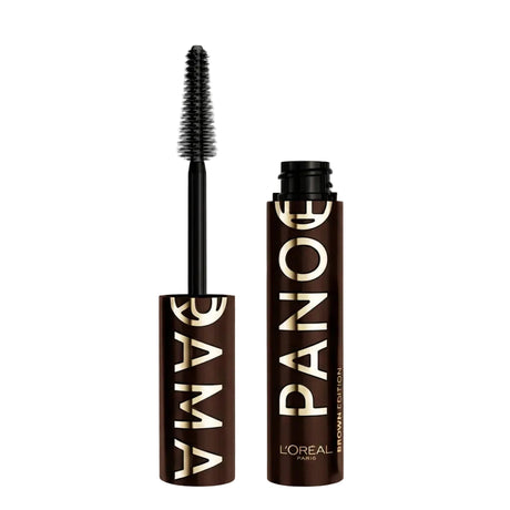 L'Oreal Paris Panorama mascara in a brown tube with gold lettering and a black tapered wand