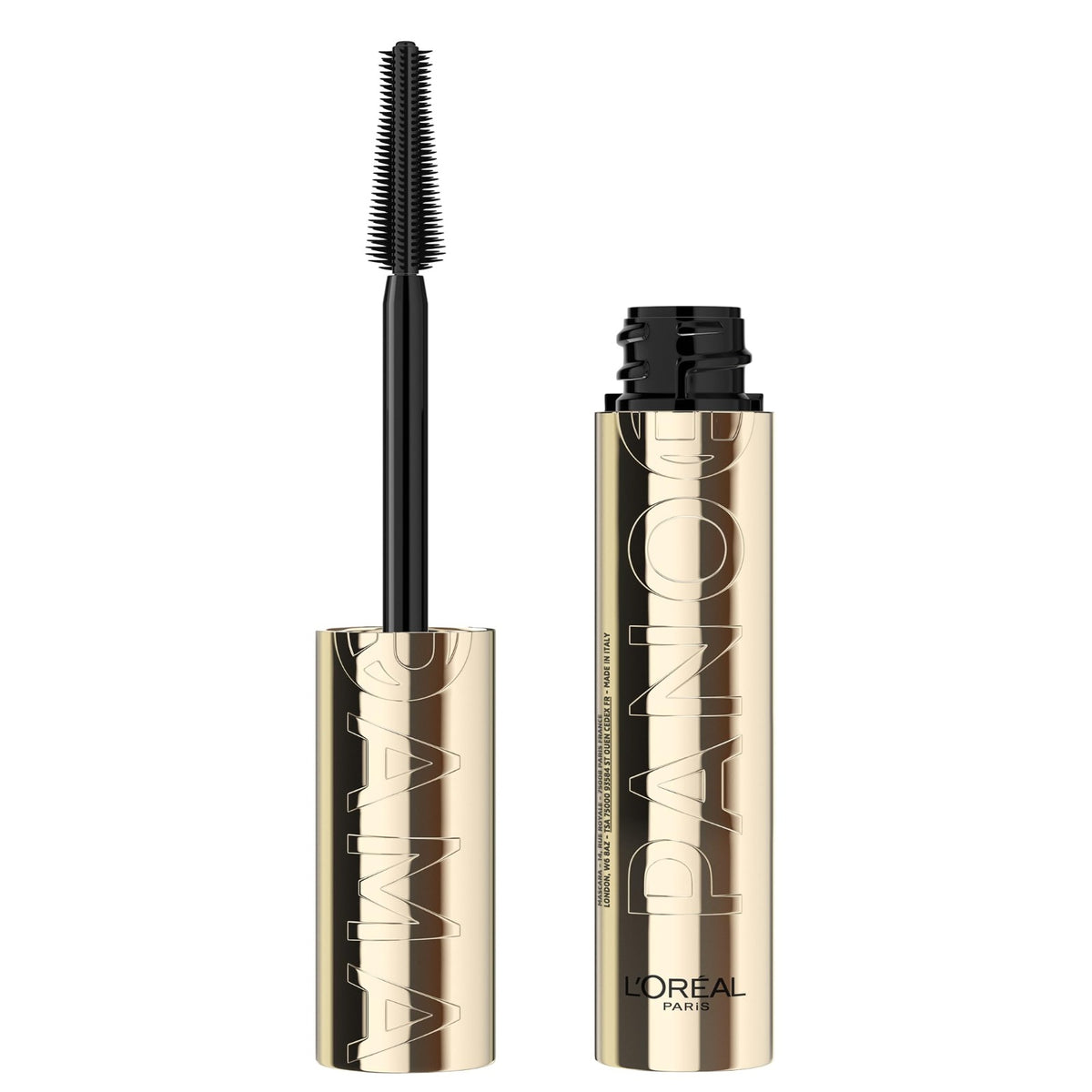 Shiny gold L'Oreal Paris Panorama mascara tube beside its black tapered brush wand