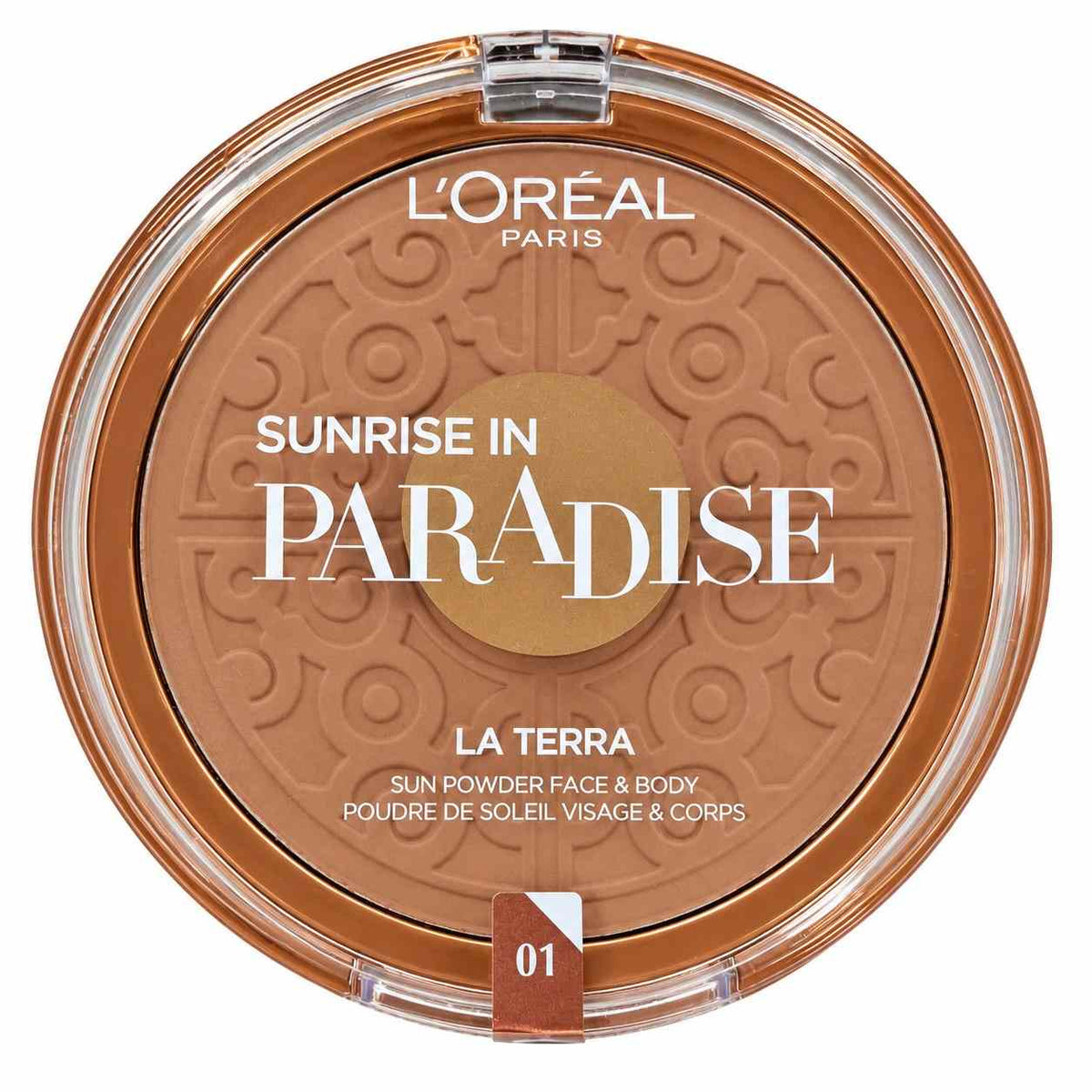 L'Oreal Paris Sunrise In Paradise bronzer compact in shade 01 with an embossed tile pattern and a golden centre