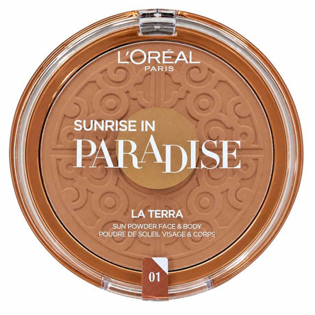 L'Oreal Paris Sunrise In Paradise bronzer compact in shade 01 with an embossed tile pattern and a golden centre