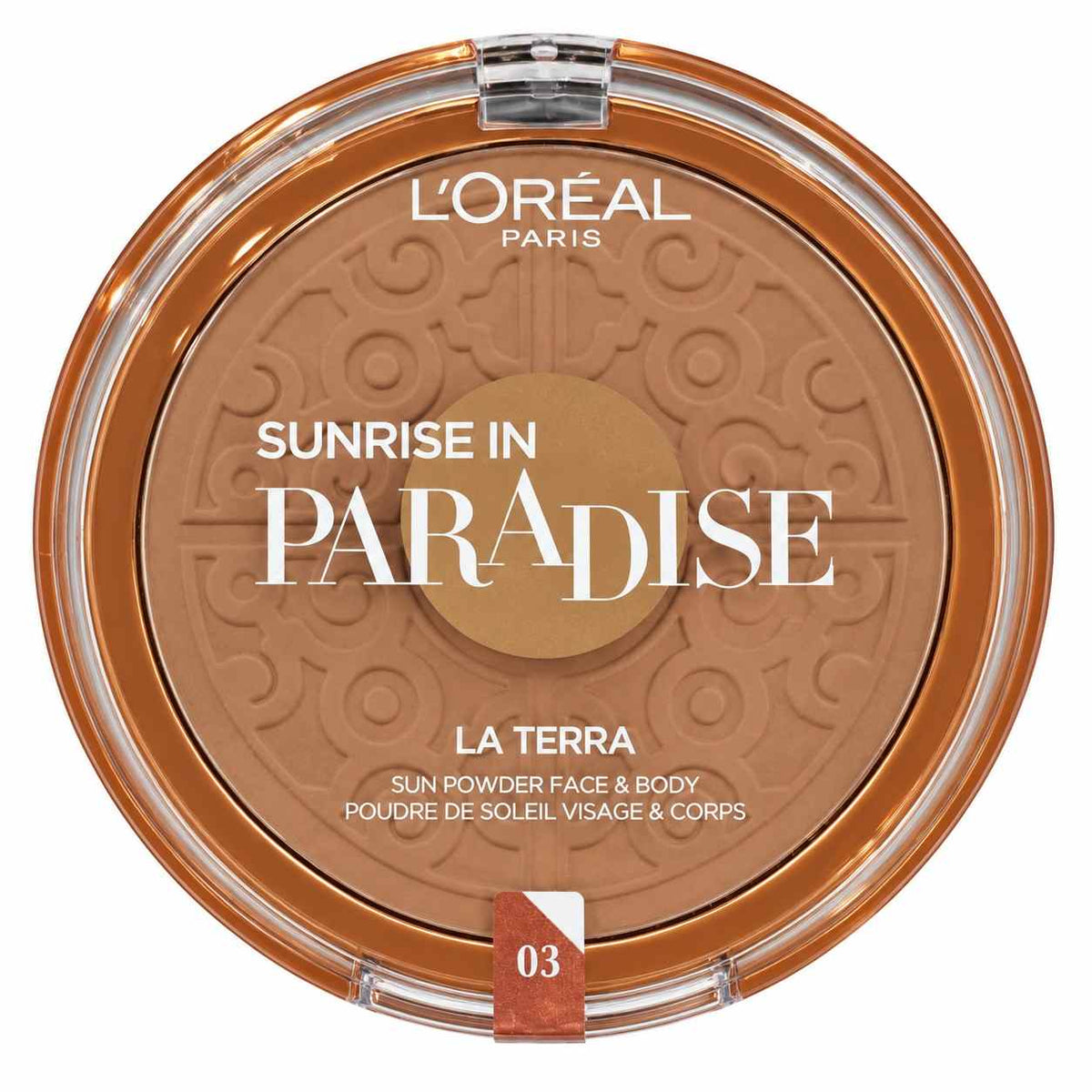 Round L'Oreal Paris La Terra bronzer compact in deeper shade 03 with a clear lid and embossed powder